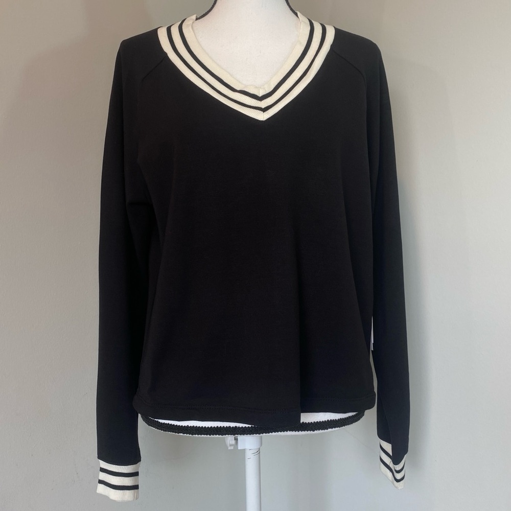 MAGASCHONI Black Ivory Striped V-Neck Modal Sweatshirt Sweater MEDIUM Sporty